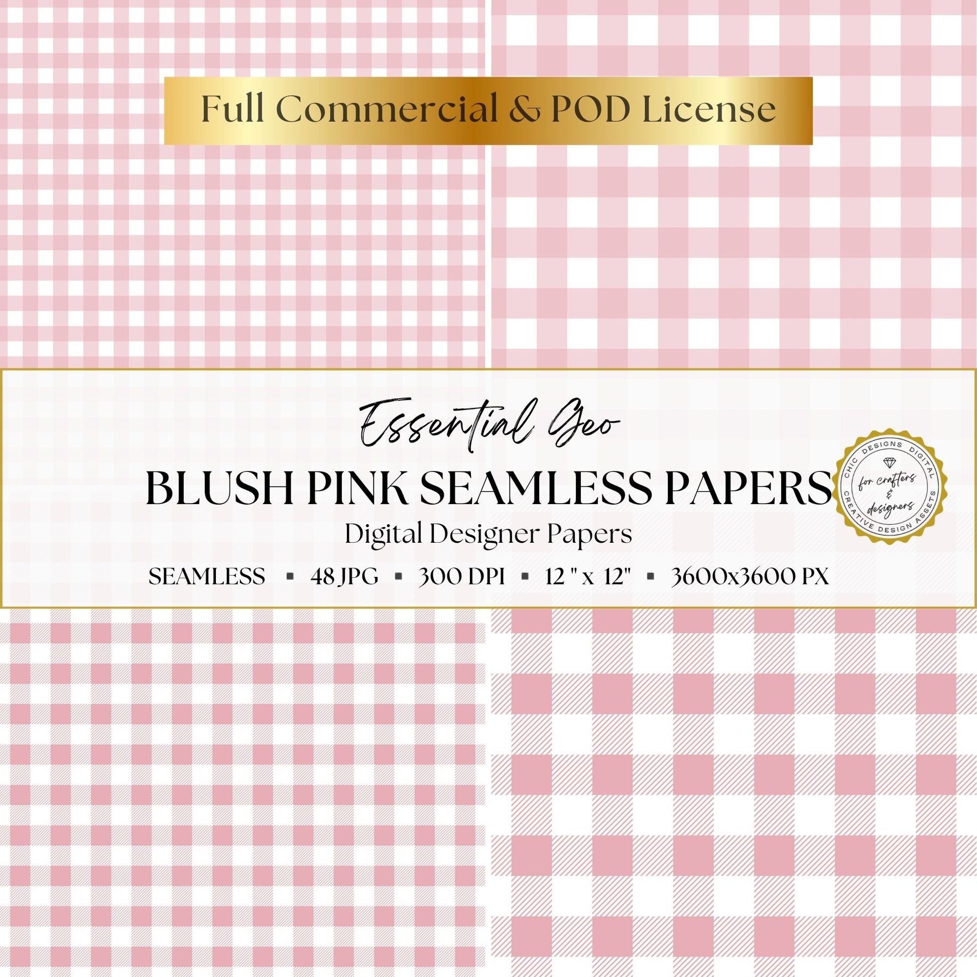 Blush pink and white gingham and plaid digital papers in four coordinating pattern scales.
