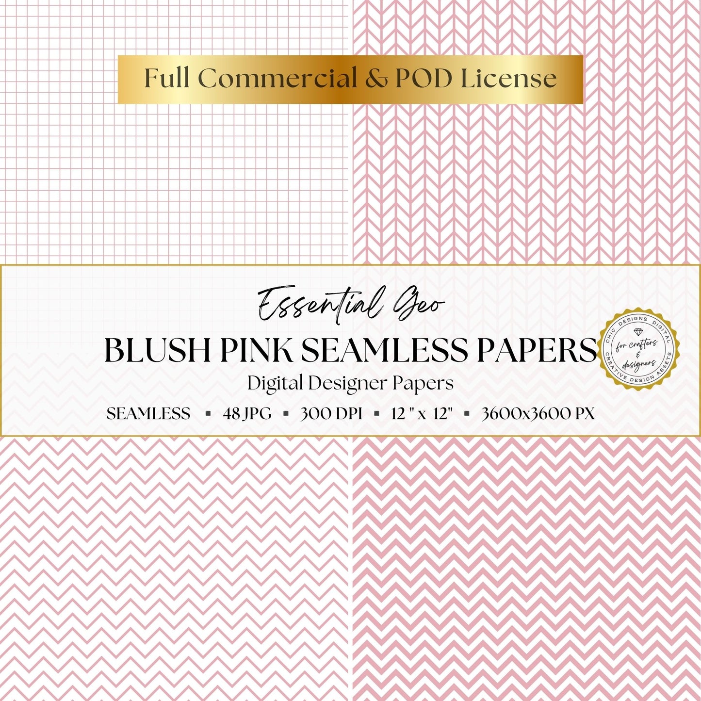 Blush pink seamless papers with graph grids, herringbone and small and large chevron patterns.