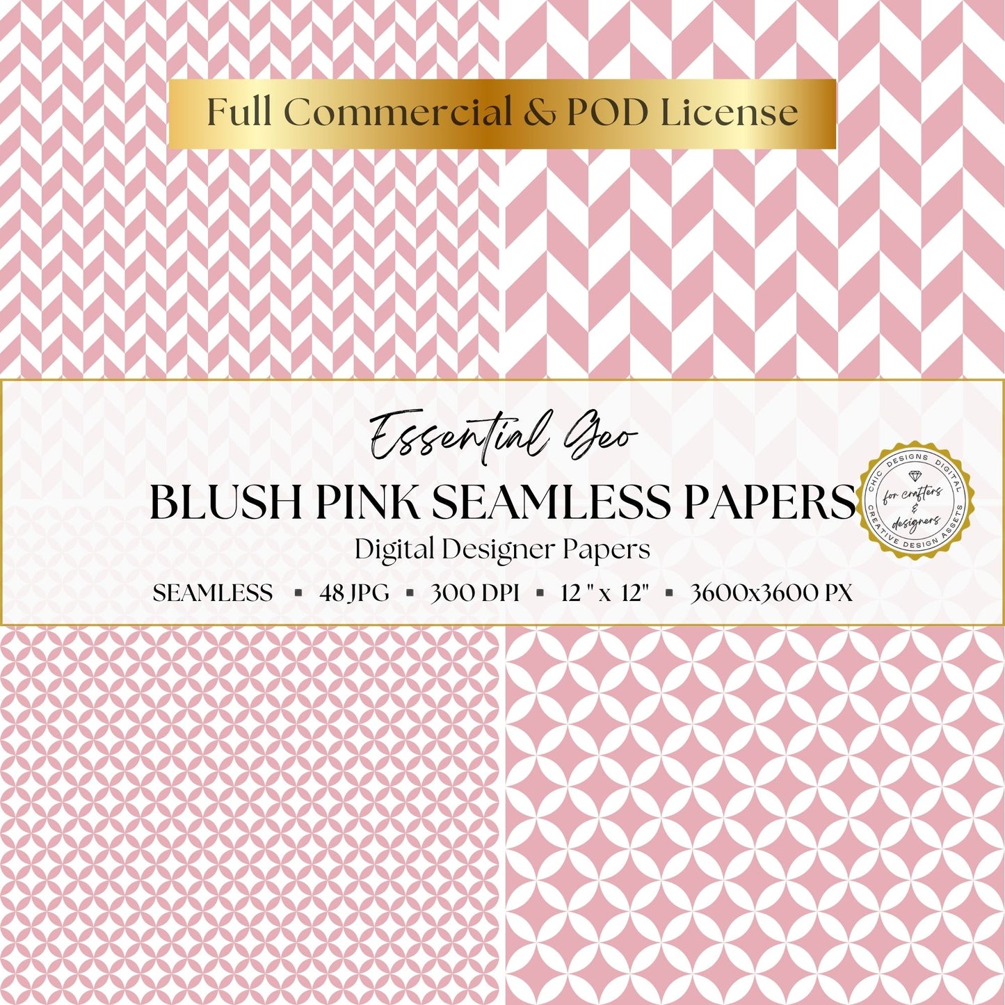 Blush pink geometric digital papers featuring small and large herringbone designs with coordinating interlocking circle patterns.