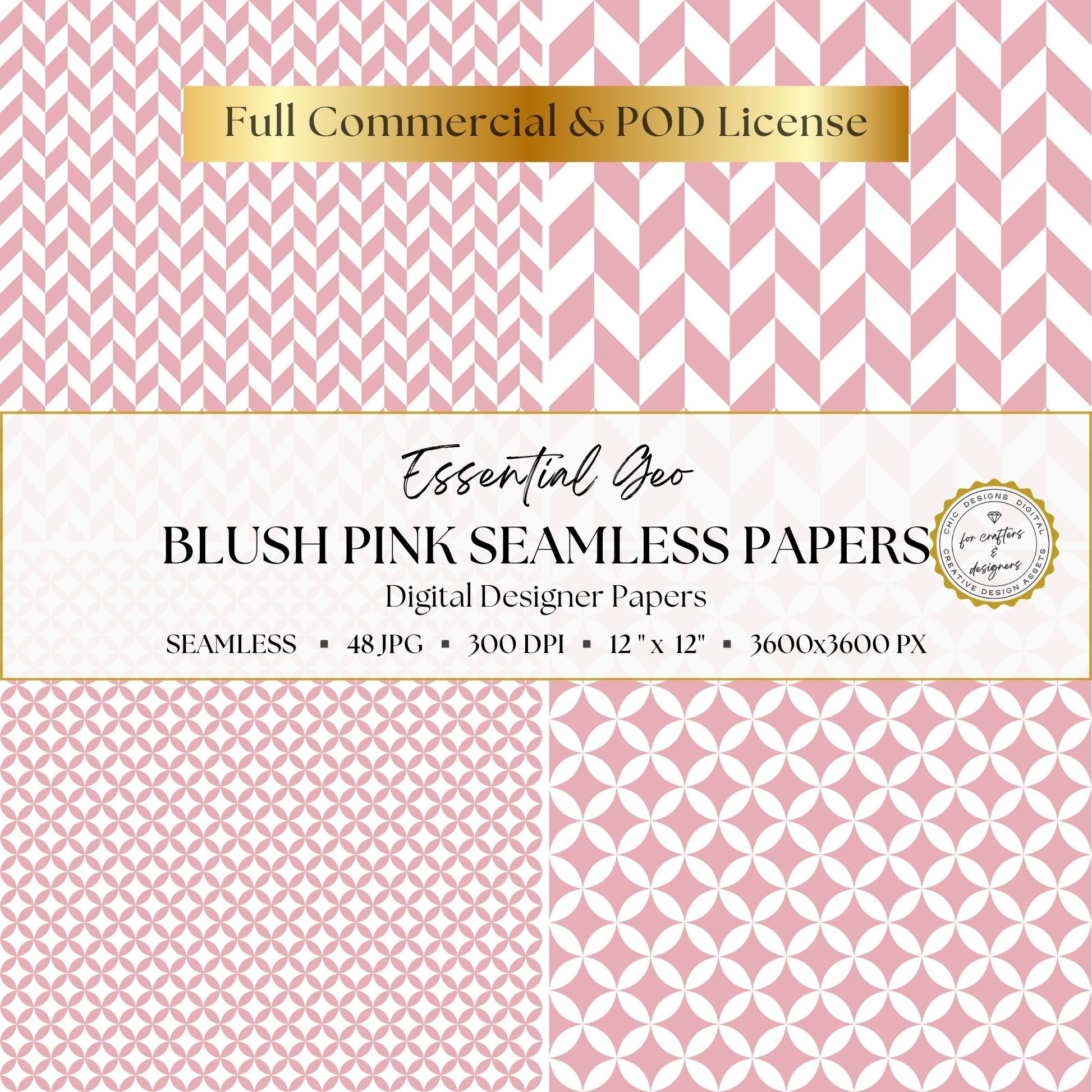 Blush pink geometric digital papers featuring small and large herringbone designs with coordinating interlocking circle patterns.