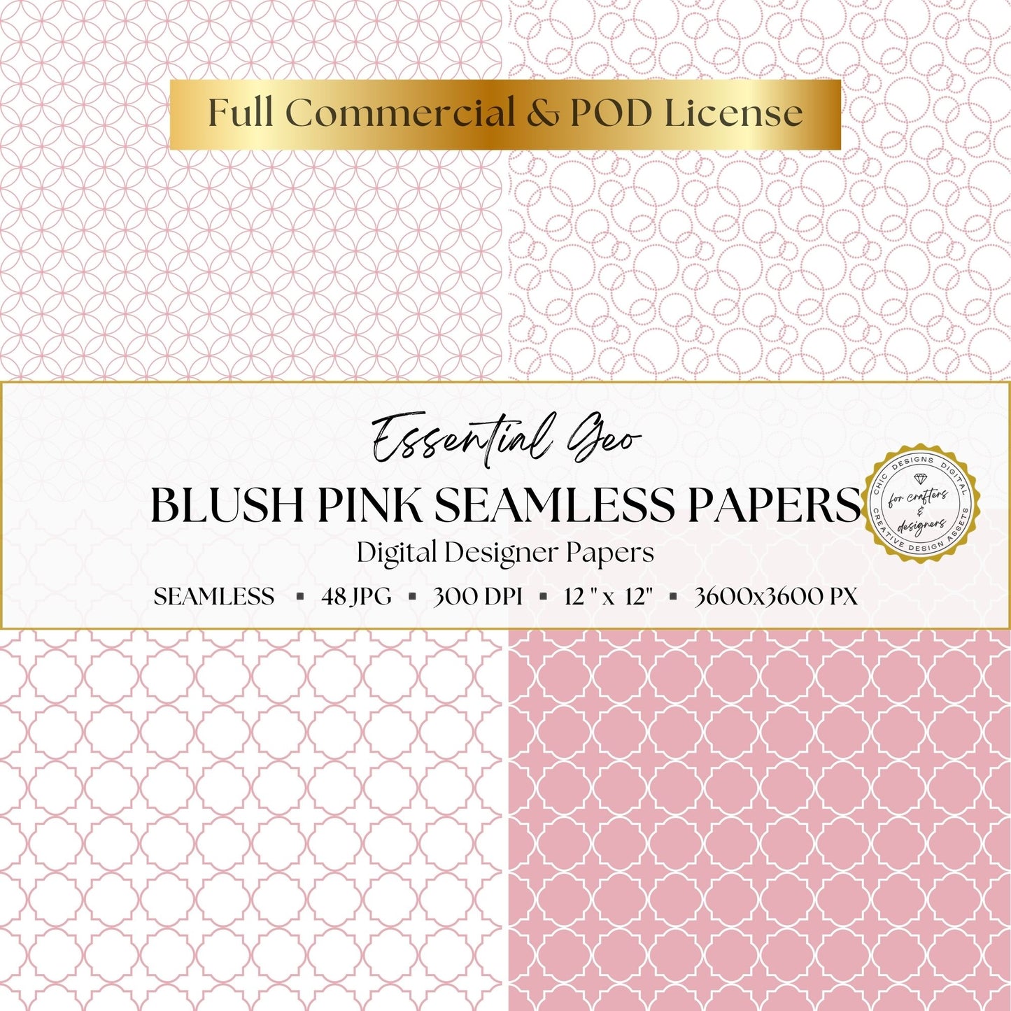 Blush pink seamless papers with overlapping circle designs and small and large Moroccan quatrefoil patterns.