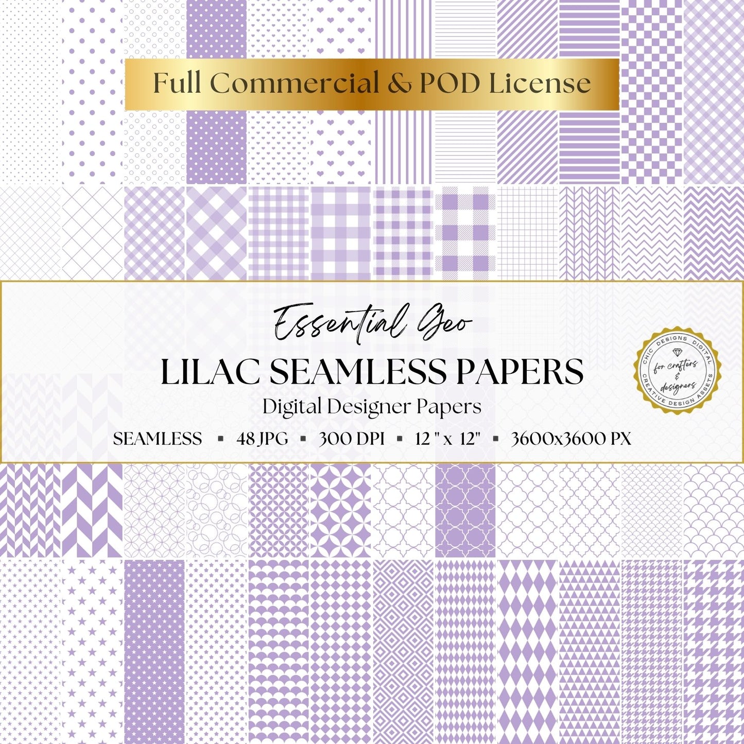 Lilac Seamless Digital Papers | Essential Geo | 48 Light Purple & White Patterns | 12x12 Digital Paper Pack
