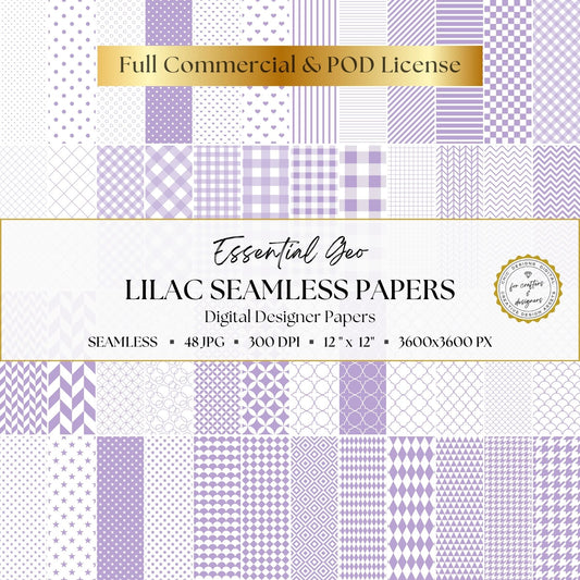Lilac Seamless Digital Papers | Essential Geo | 48 Light Purple & White Patterns | 12x12 Digital Paper Pack
