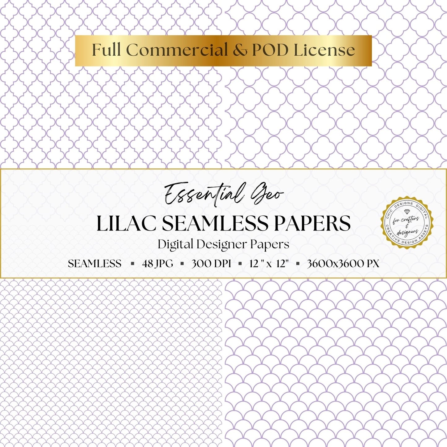 Lilac Seamless Digital Papers | Essential Geo | 48 Light Purple & White Patterns | 12x12 Digital Paper Pack