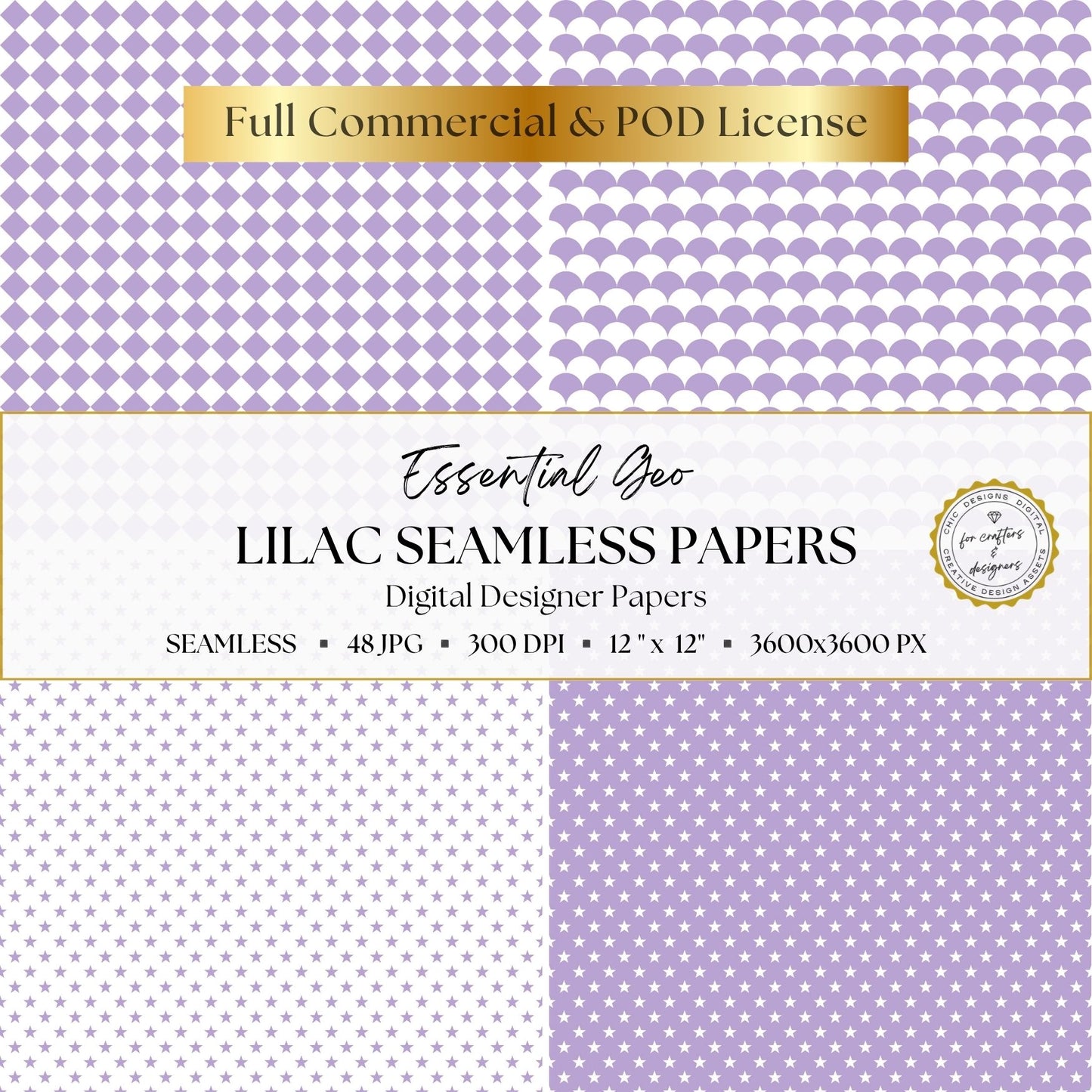 Lilac Seamless Digital Papers | Essential Geo | 48 Light Purple & White Patterns | 12x12 Digital Paper Pack
