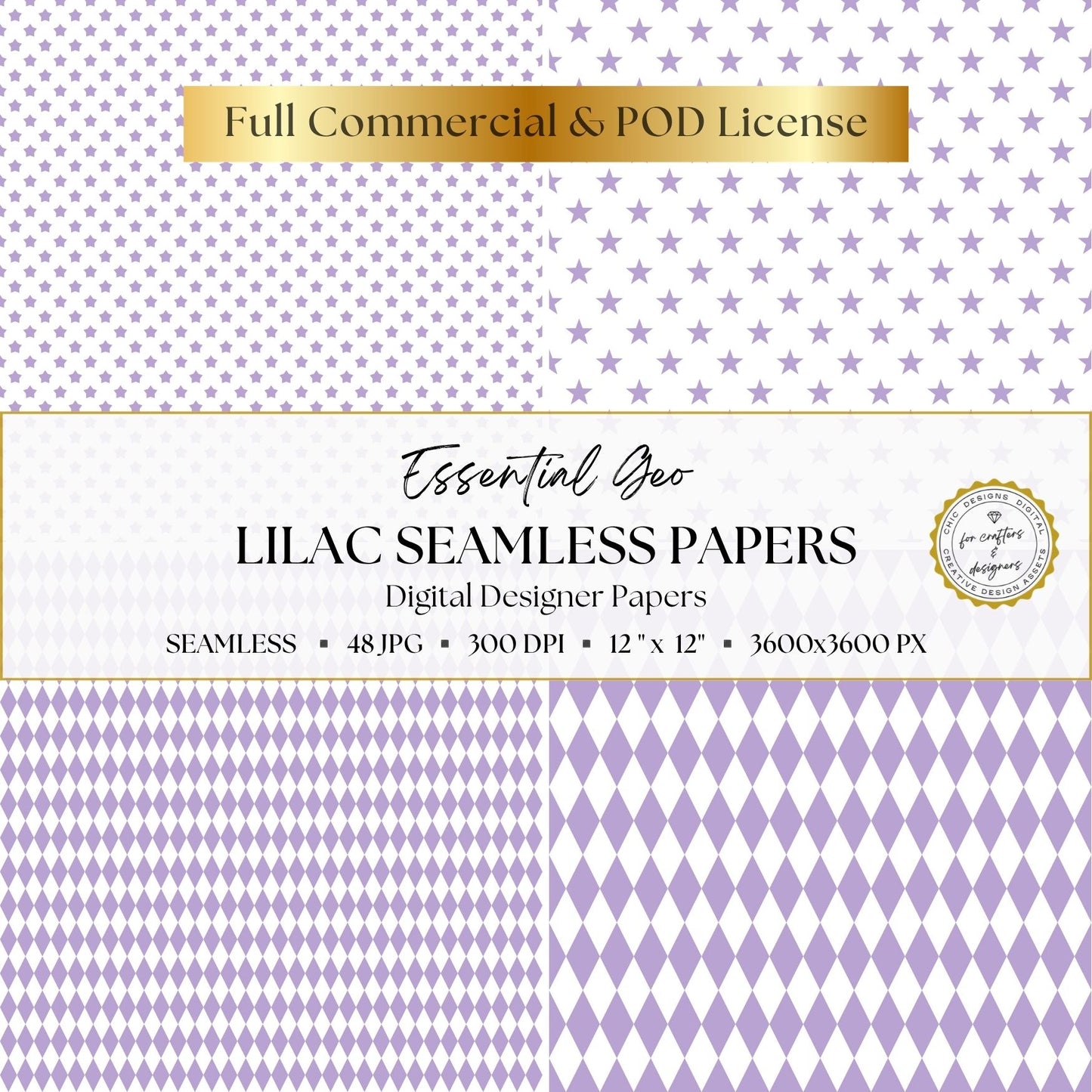 Lilac Seamless Digital Papers | Essential Geo | 48 Light Purple & White Patterns | 12x12 Digital Paper Pack