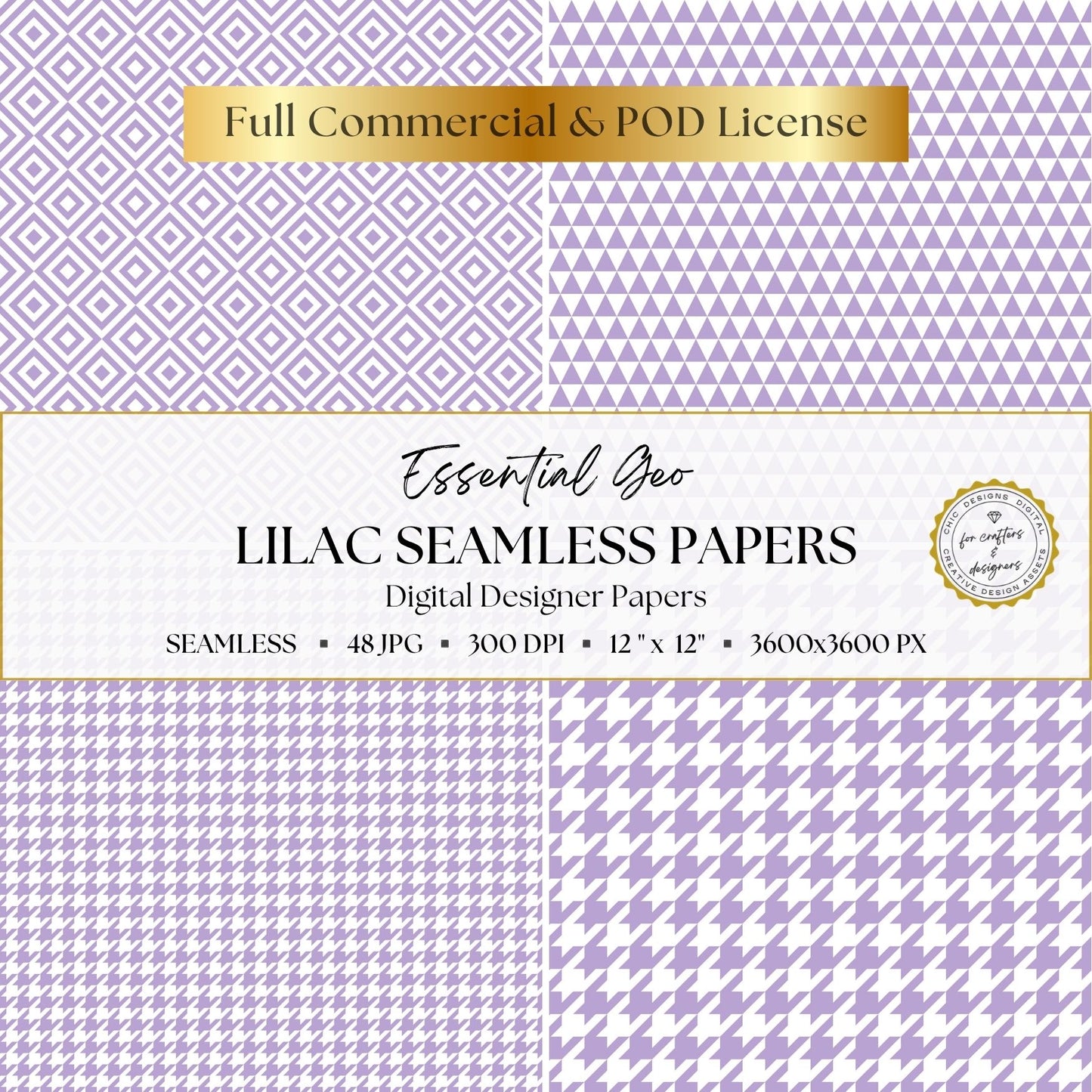 Lilac Seamless Digital Papers | Essential Geo | 48 Light Purple & White Patterns | 12x12 Digital Paper Pack