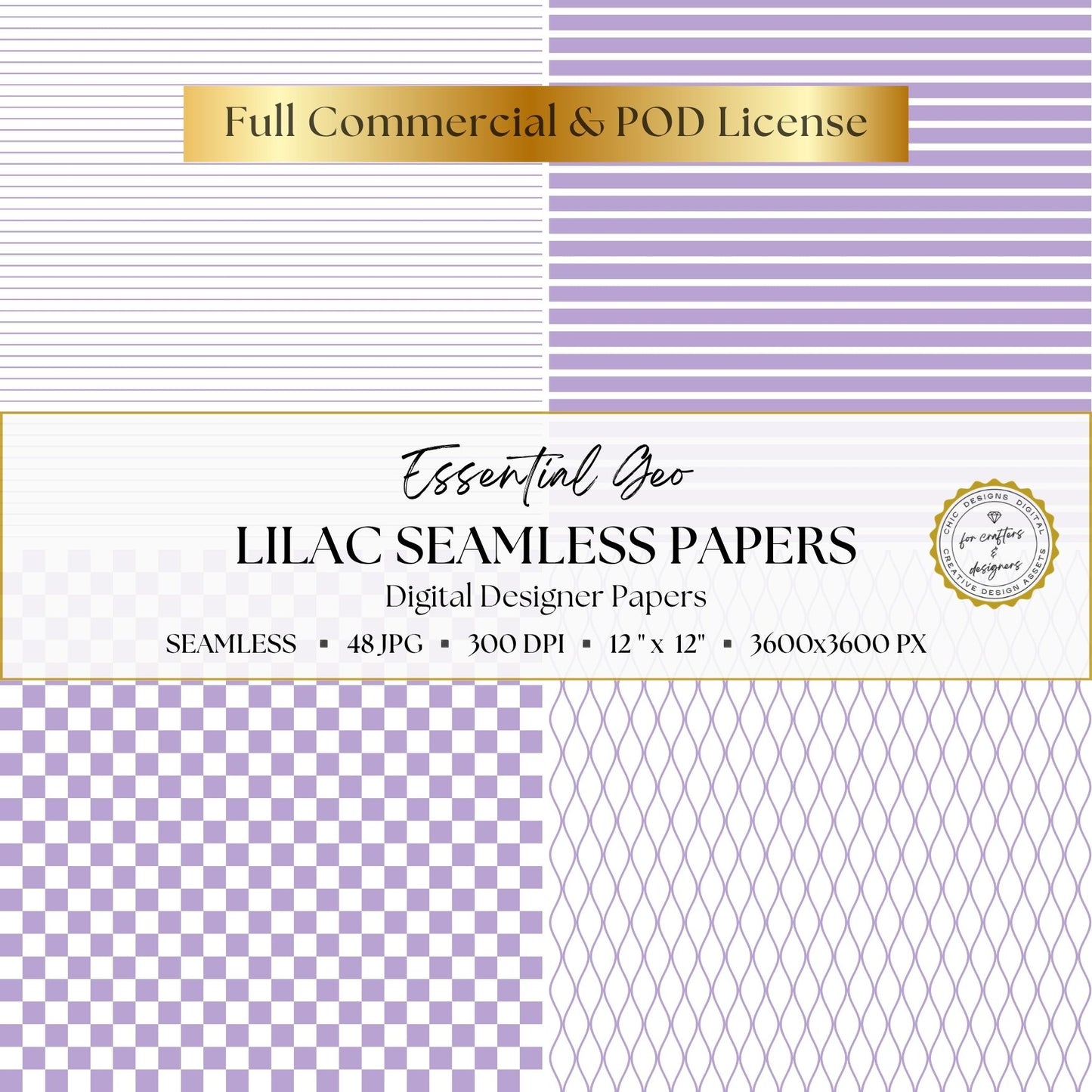 Lilac Seamless Digital Papers | Essential Geo | 48 Light Purple & White Patterns | 12x12 Digital Paper Pack