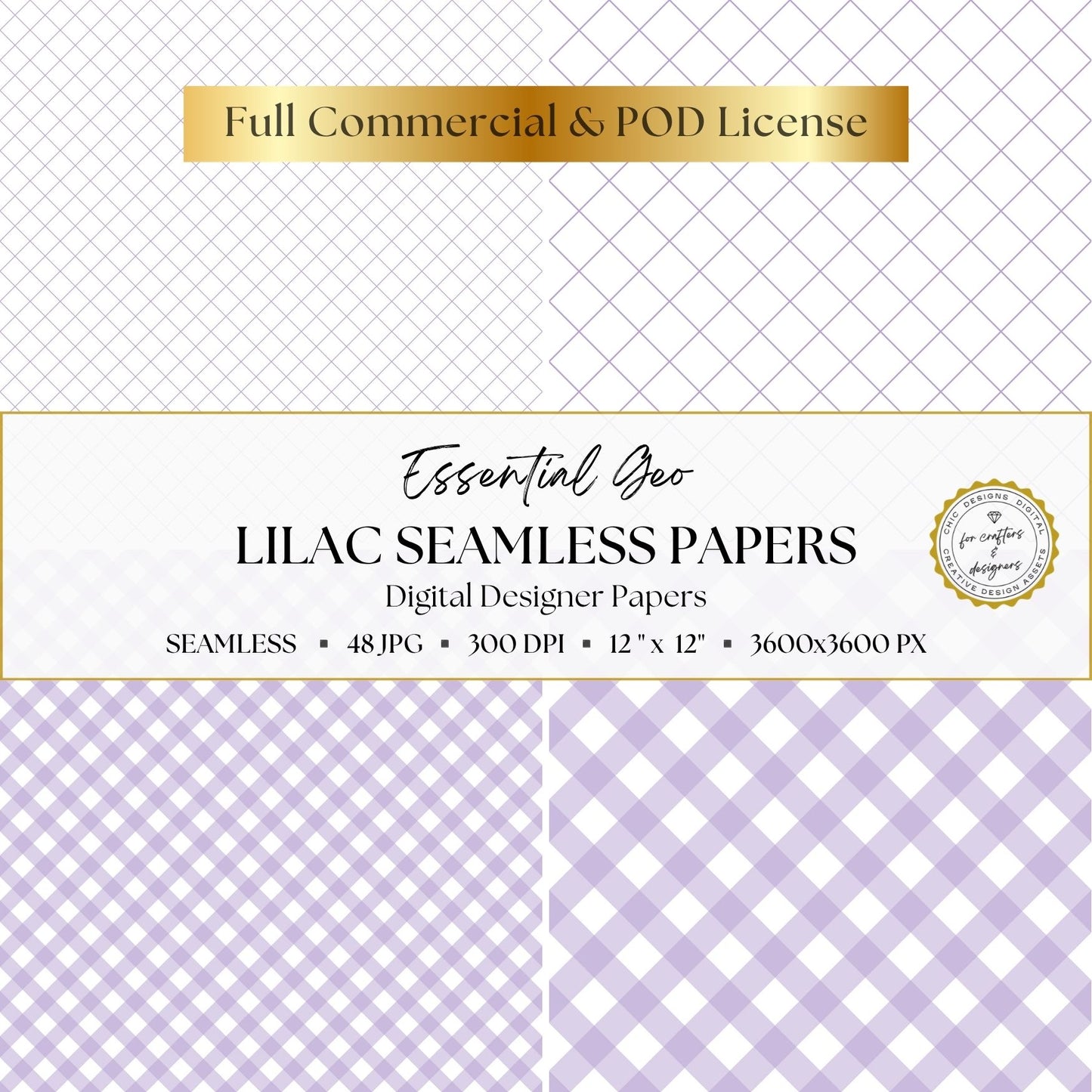 Lilac Seamless Digital Papers | Essential Geo | 48 Light Purple & White Patterns | 12x12 Digital Paper Pack