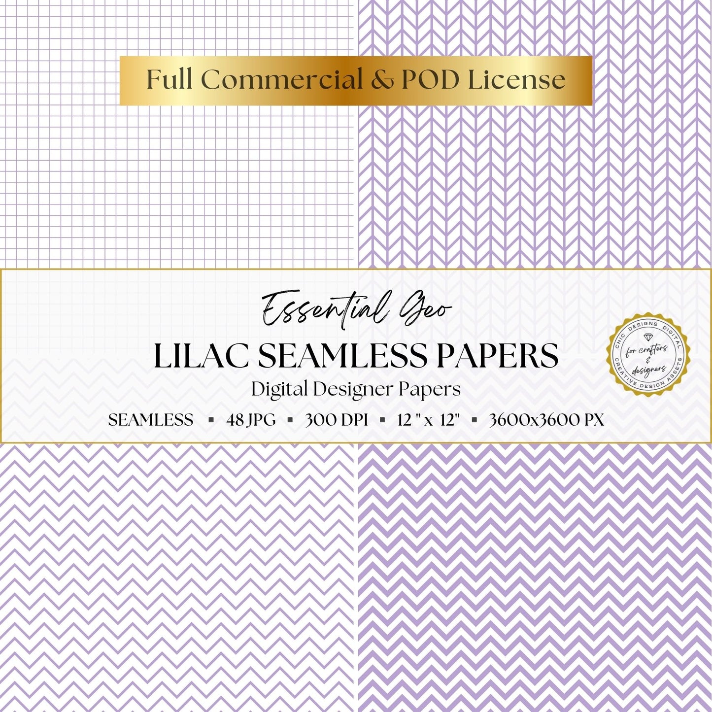 Lilac Seamless Digital Papers | Essential Geo | 48 Light Purple & White Patterns | 12x12 Digital Paper Pack