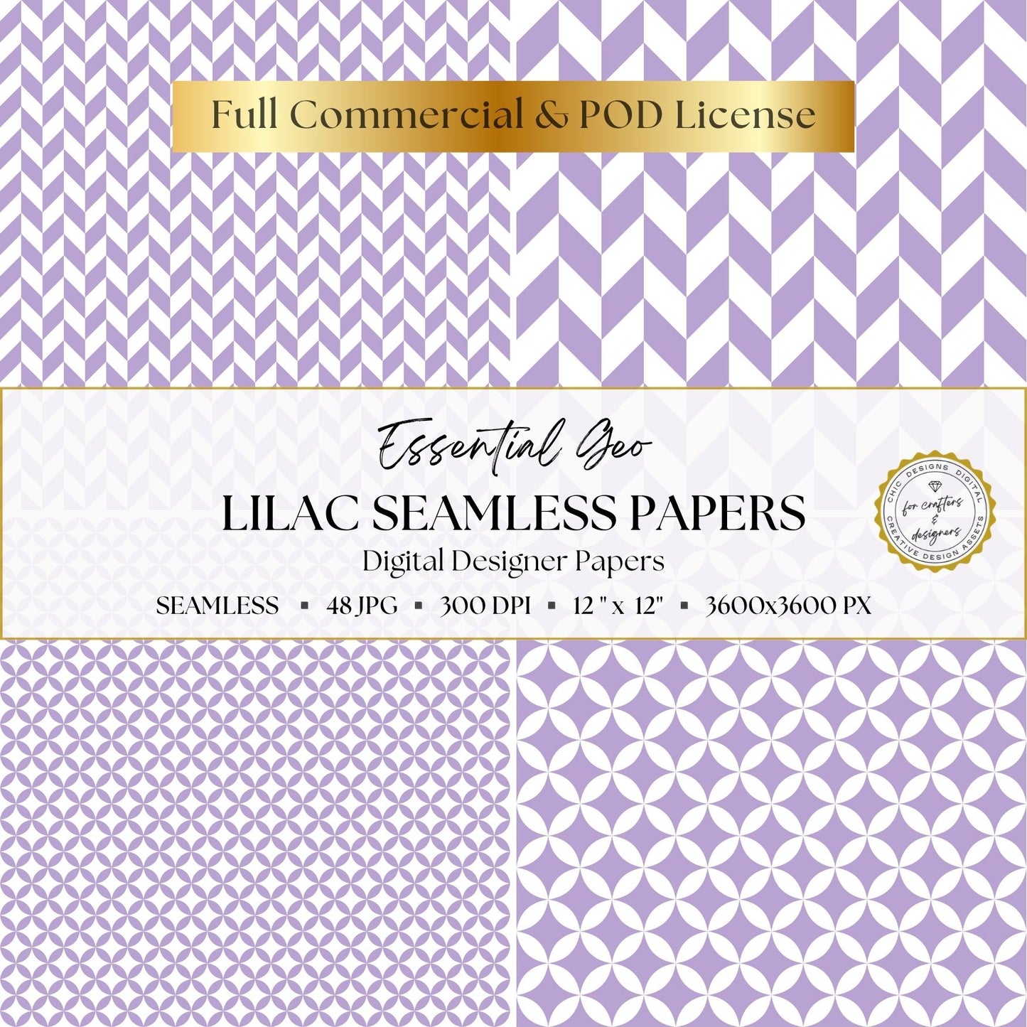 Lilac Seamless Digital Papers | Essential Geo | 48 Light Purple & White Patterns | 12x12 Digital Paper Pack