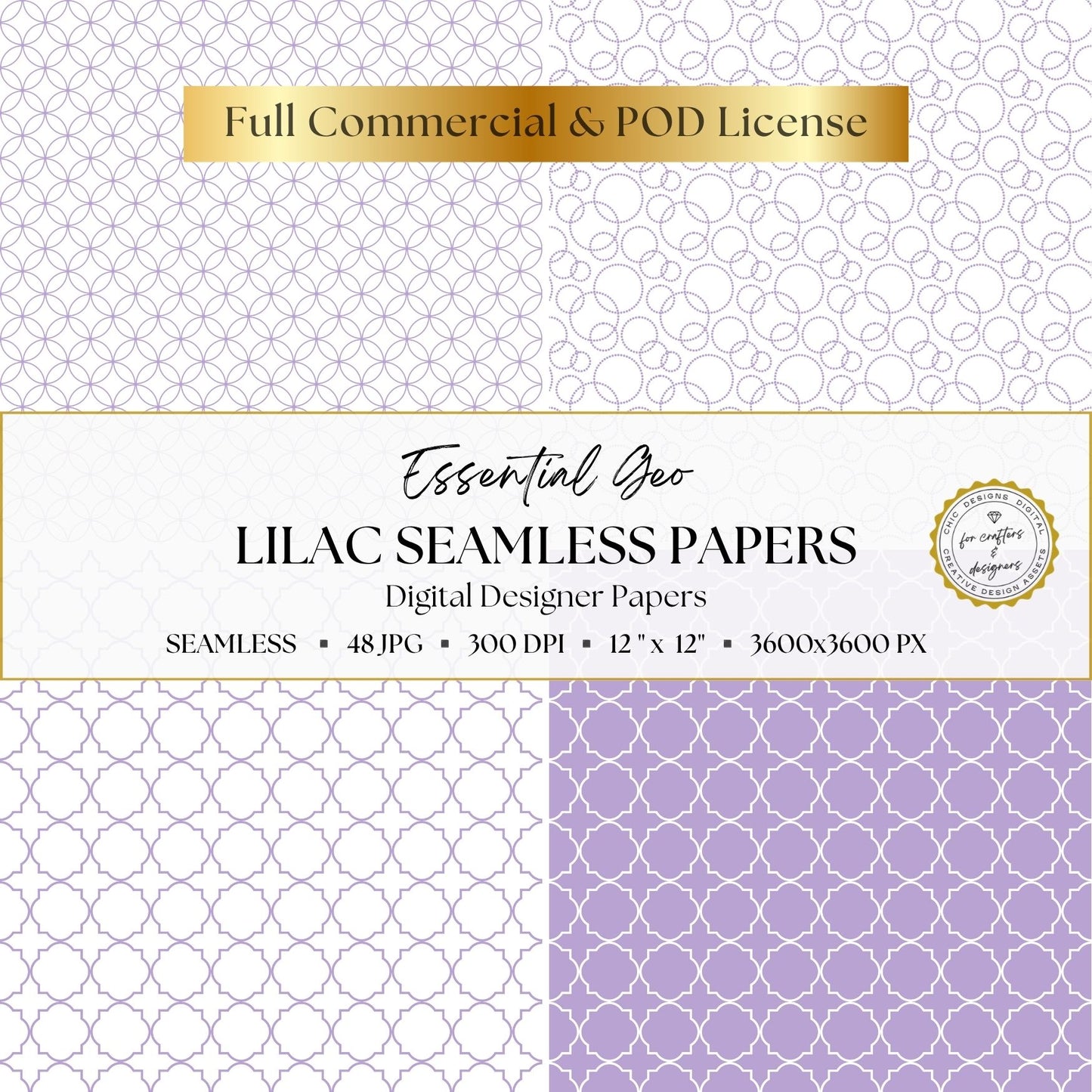 Lilac Seamless Digital Papers | Essential Geo | 48 Light Purple & White Patterns | 12x12 Digital Paper Pack