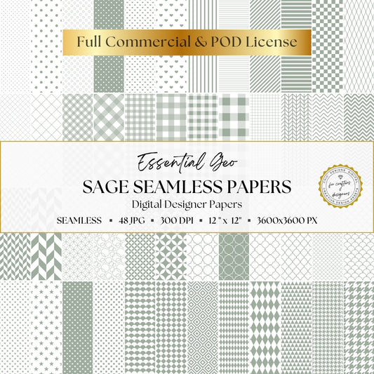 Essential Geo collection of 48 seamless sage green and white geometric digital papers in varied patterns and scales.