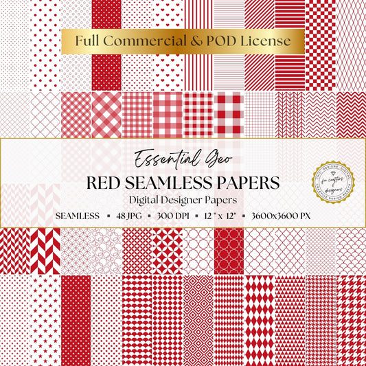 Red and white Essential Geo digital paper pack featuring 48 seamless geometric patterns.