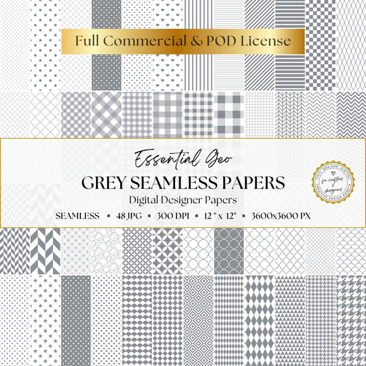 Grey Essential Geo 48-piece seamless digital paper pack cover with grey and white geometric pattern collage
