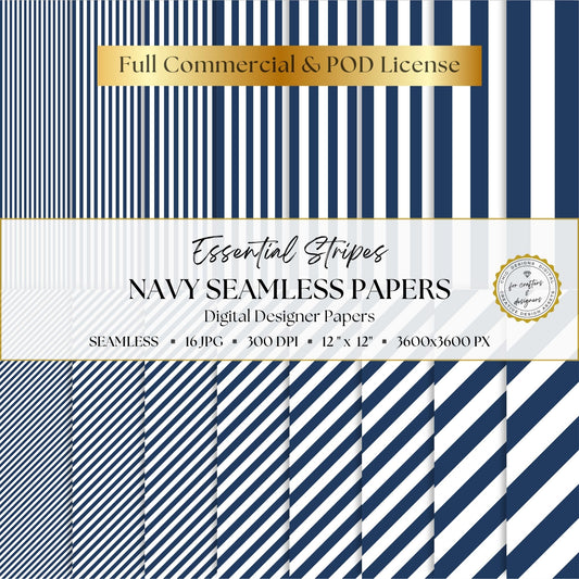 Navy Essential Stripes digital paper pack cover showing 16 navy and white seamless stripe patterns in straight and diagonal designs.