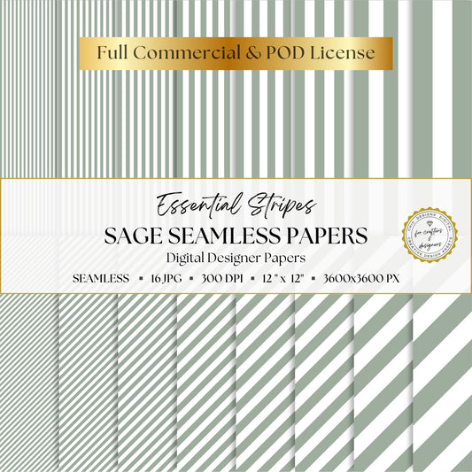 Sage Green Essential Stripes digital paper pack cover showing 16 sage and white seamless stripe patterns in straight and diagonal designs.