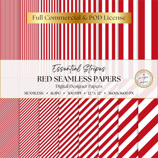 Red Essential Stripes digital paper pack cover showing 16 red and white seamless stripe patterns in straight and diagonal designs.