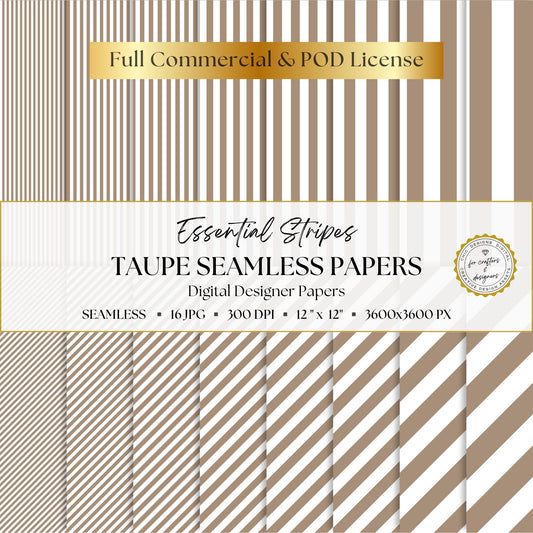 Taupe Essential Stripes digital paper pack cover showing 16 greige and white seamless stripe patterns in straight and diagonal designs.