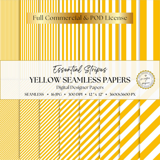 Yellow and white Essential Stripes digital paper pack with 16 seamless straight and diagonal stripe patterns in widths from fine pinstripes to broad bands.