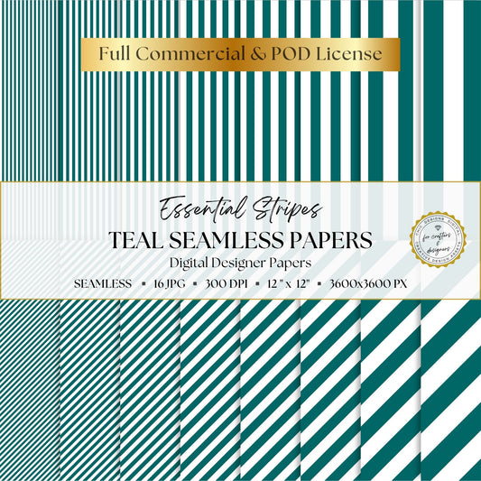 Teal and white Essential Stripes digital paper pack with 16 seamless straight and diagonal stripe patterns in widths from fine pinstripes to broad bands.