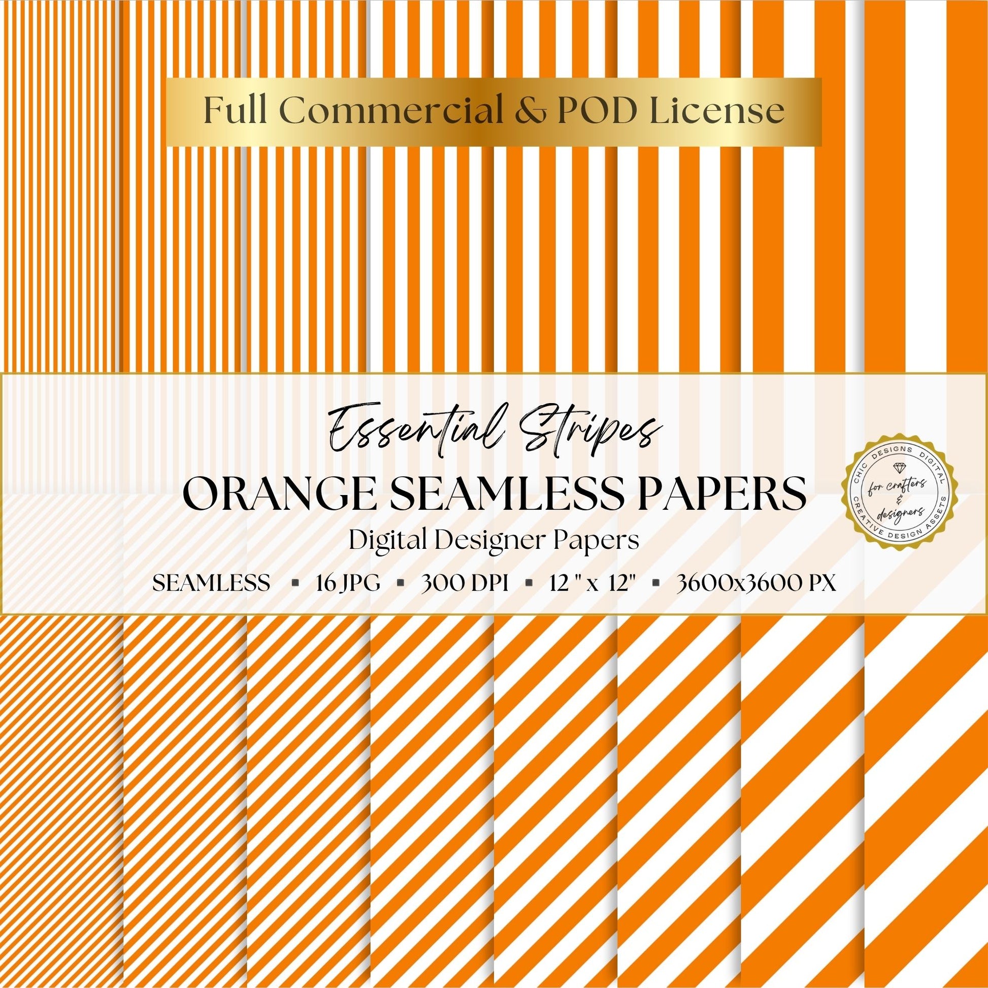 Orange and white Essential Stripes digital paper pack with 16 seamless straight and diagonal stripe patterns in widths from fine pinstripes to broad bands.