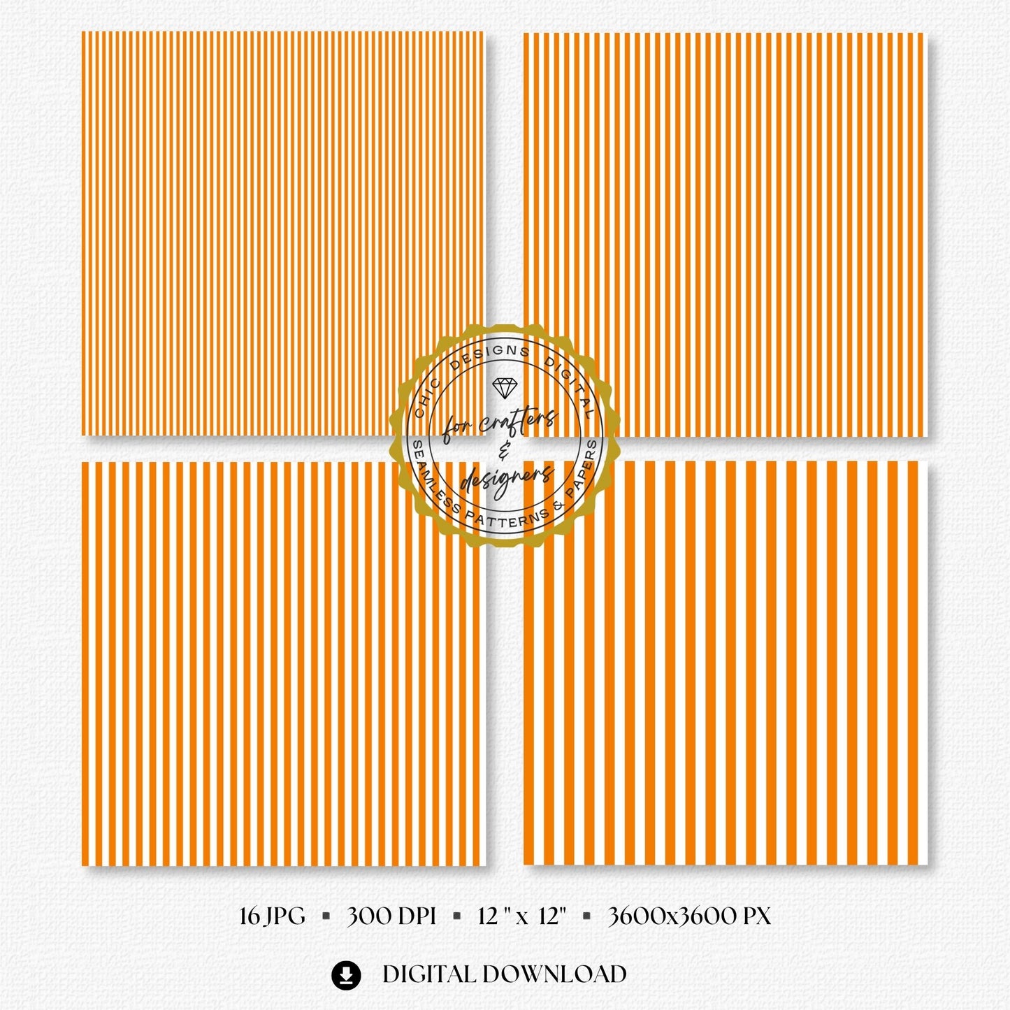 Bright orange and white seamless stripe digital papers showing a coordinated mix of narrow, medium and wide straight stripe patterns for autumn, Halloween and cheerful paper crafts.