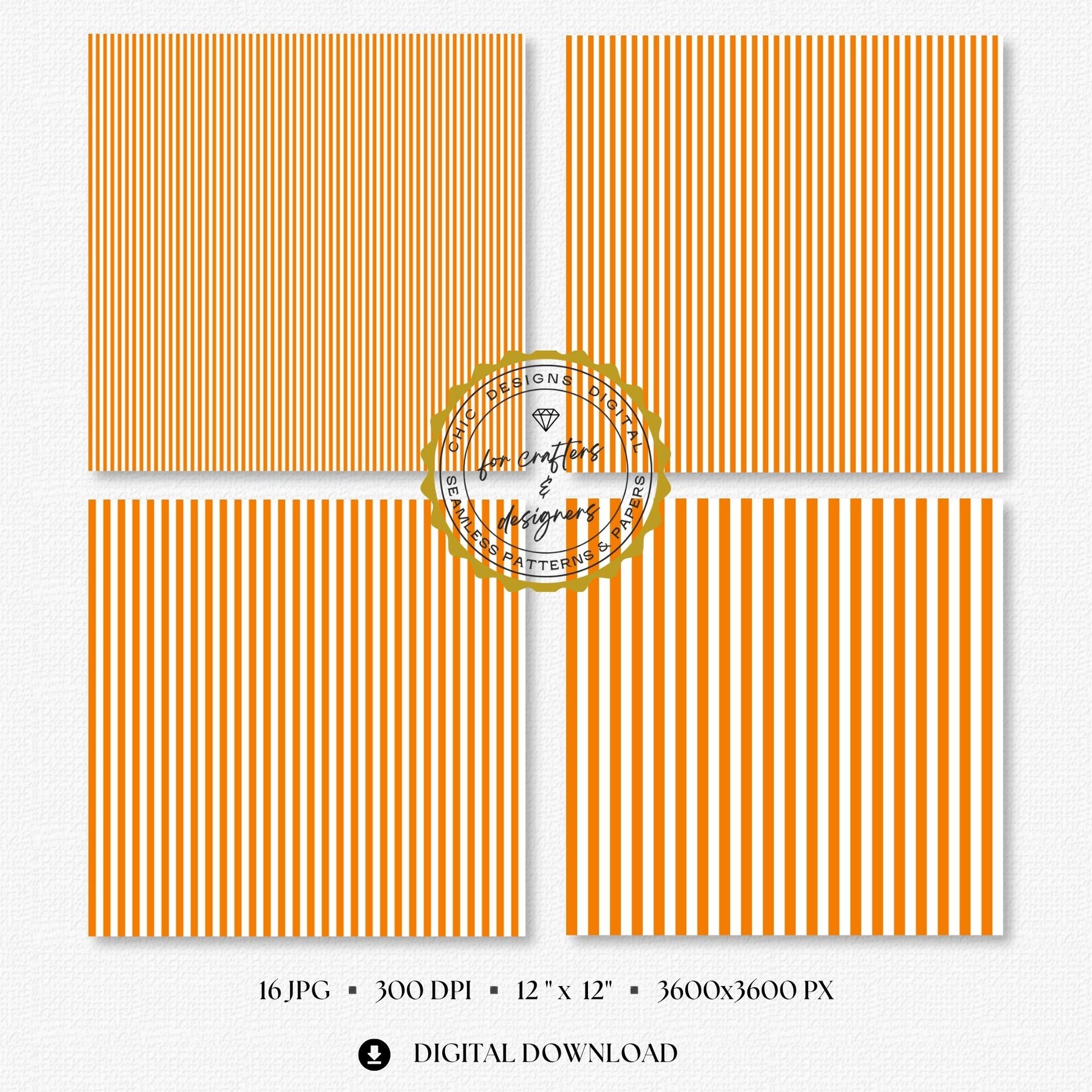 Bright orange and white seamless stripe digital papers showing a coordinated mix of narrow, medium and wide straight stripe patterns for autumn, Halloween and cheerful paper crafts.