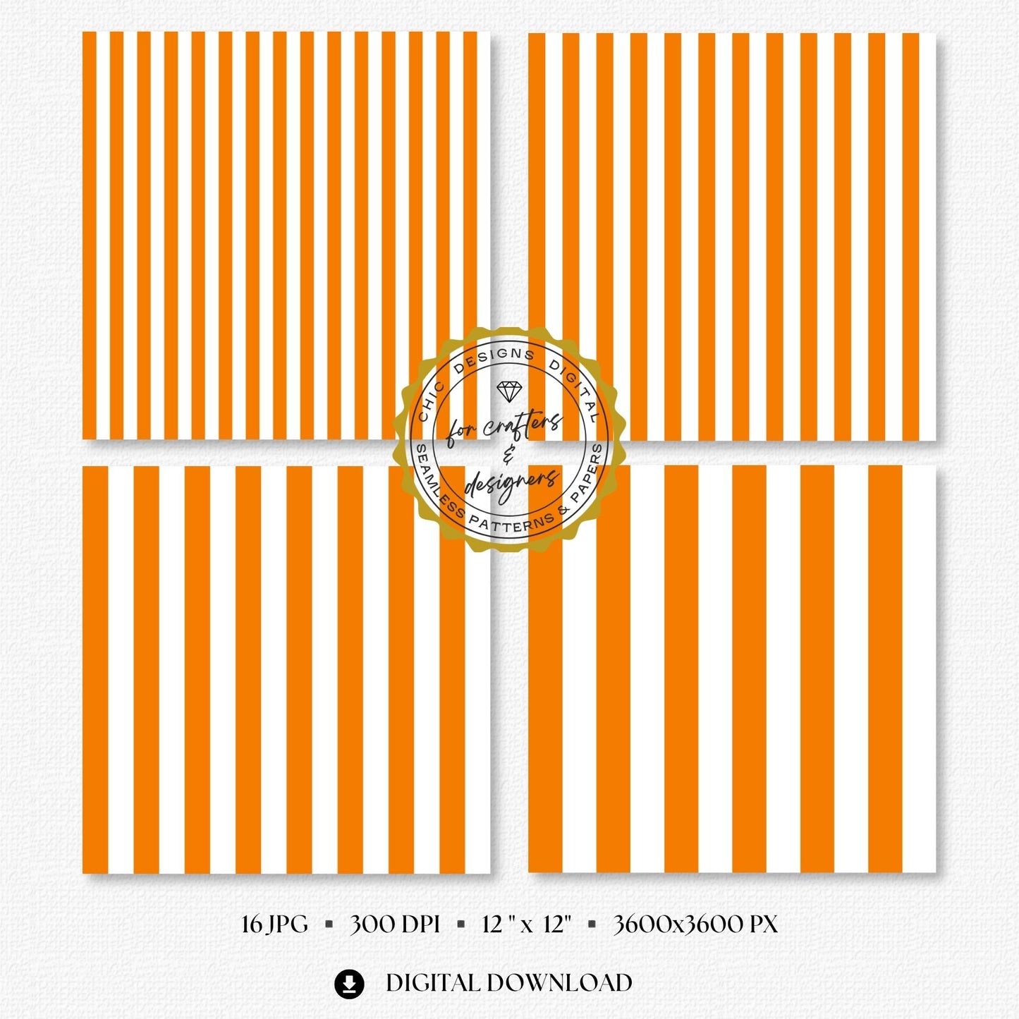 Orange and white diagonal stripe digital papers in varied widths, part of the 16-pattern Essential Stripes seamless paper pack.