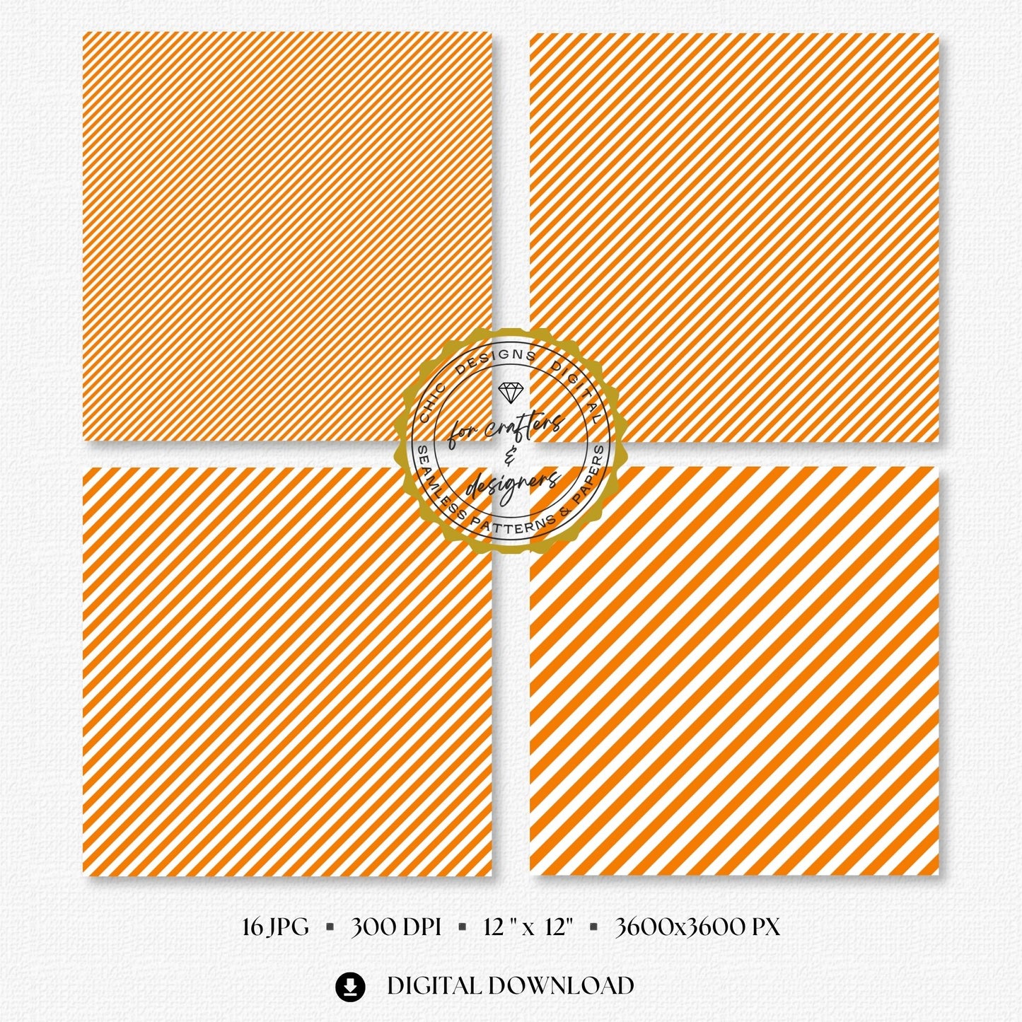 Selection of orange and white seamless stripe backgrounds designed for scrapbooking, card making, planners, labels and printable paper crafts.