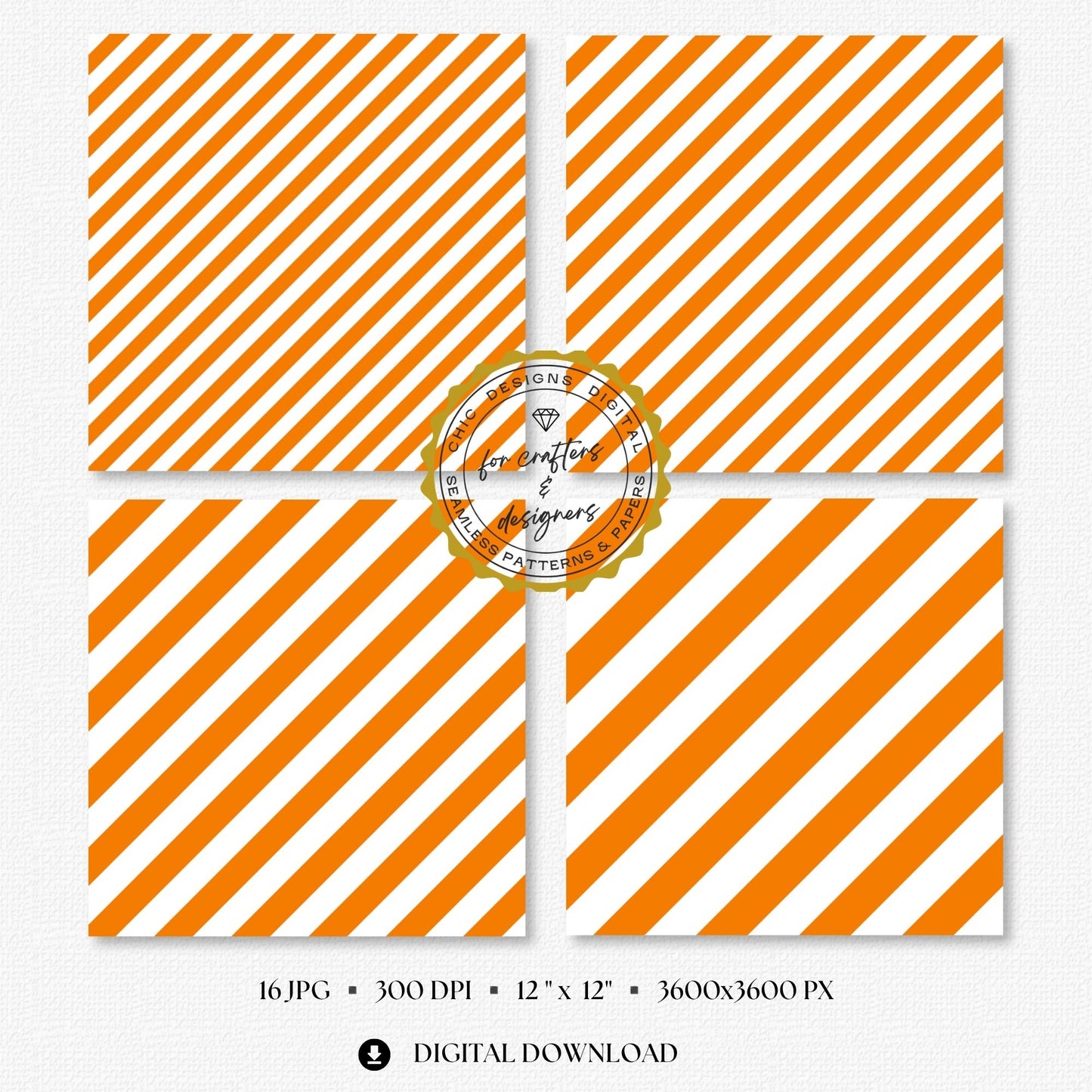 Fine to broad orange stripe patterns with clean white spacing, supplied as seamless 12x12 inch JPG digital papers at 300 DPI.