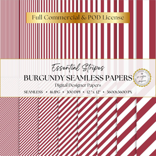 Burgundy and white Essential Stripes digital paper pack with 16 seamless straight and diagonal stripe patterns, 12 x 12 inch 300 DPI JPG files.