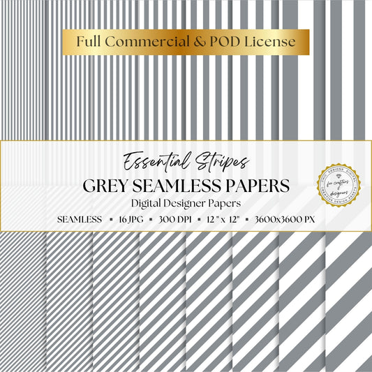 Grey and white Essential Stripes digital paper pack with 16 seamless straight and diagonal stripe patterns, 12 x 12 inch 300 DPI JPG files.