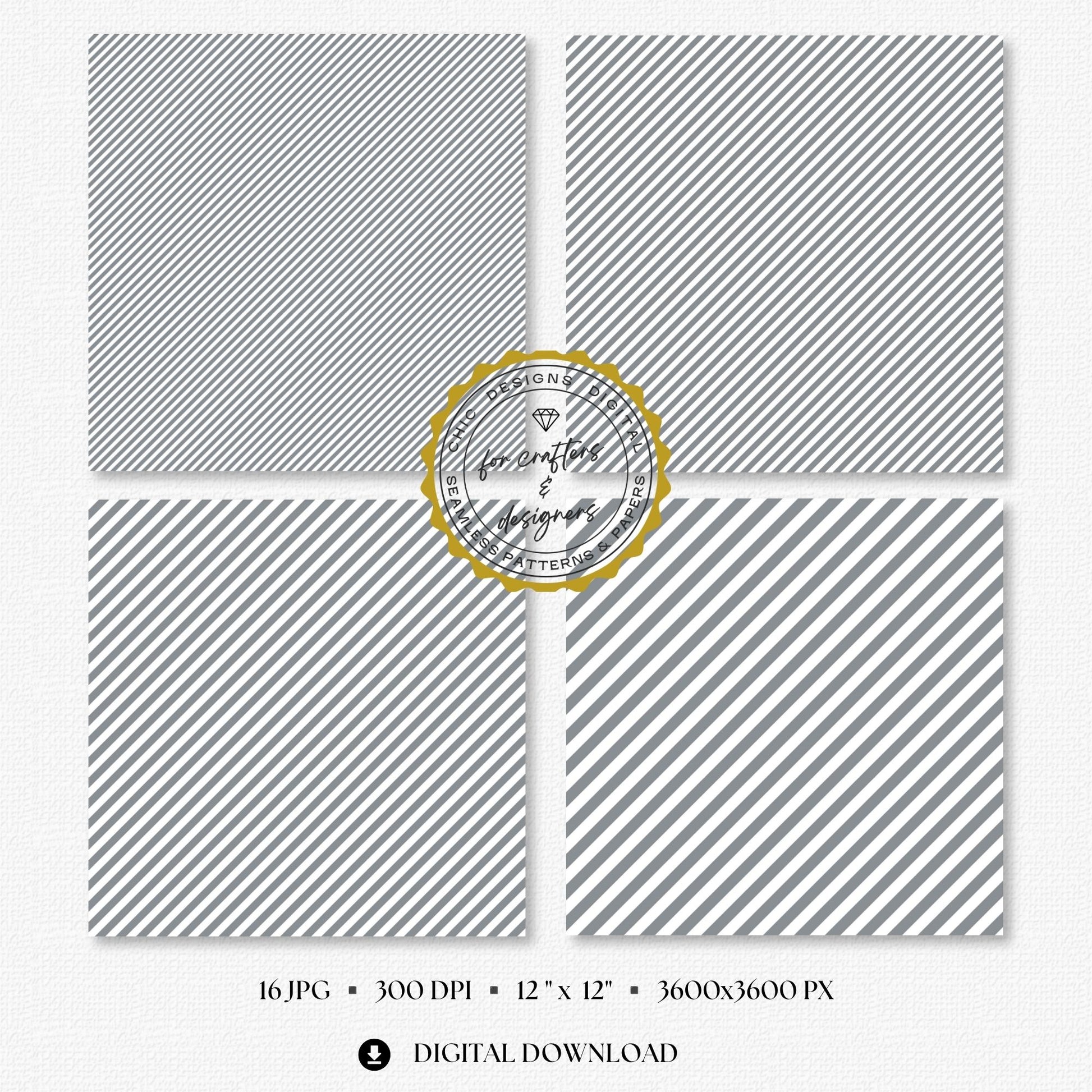 Soft grey and white fine diagonal stripe digital papers in narrow and medium angled widths.
