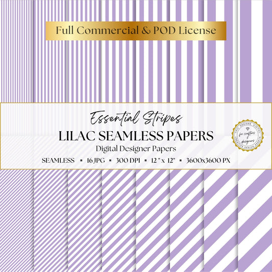 Lilac and white Essential Stripes digital paper pack with 16 seamless straight and diagonal stripe patterns, 12 x 12 inch 300 DPI JPG files.