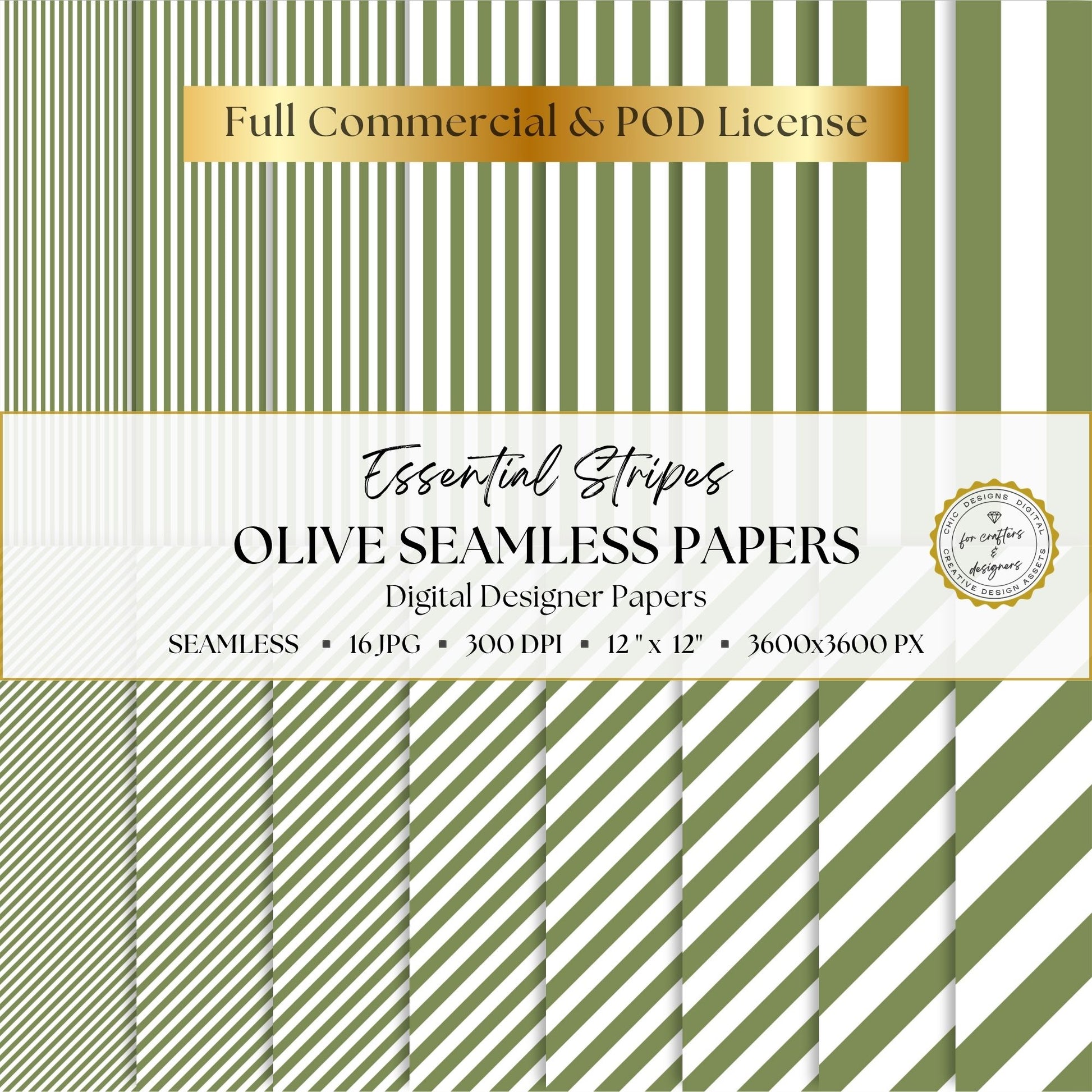 Olive and white Essential Stripes digital paper pack with 16 seamless straight and diagonal stripe patterns, 12 x 12 inch 300 DPI JPG files.