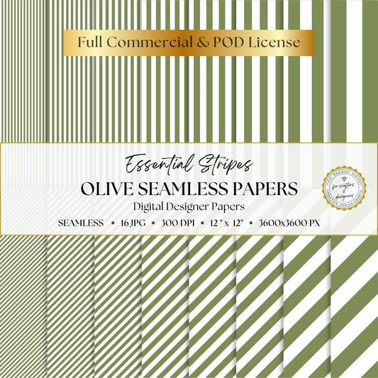 Olive and white Essential Stripes digital paper pack with 16 seamless straight and diagonal stripe patterns, 12 x 12 inch 300 DPI JPG files.