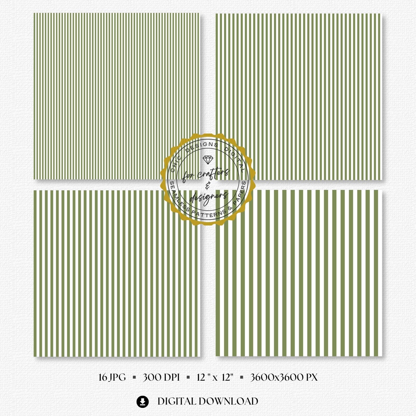 Earthy olive green and white fine straight stripe digital papers in narrow and medium repeating widths.