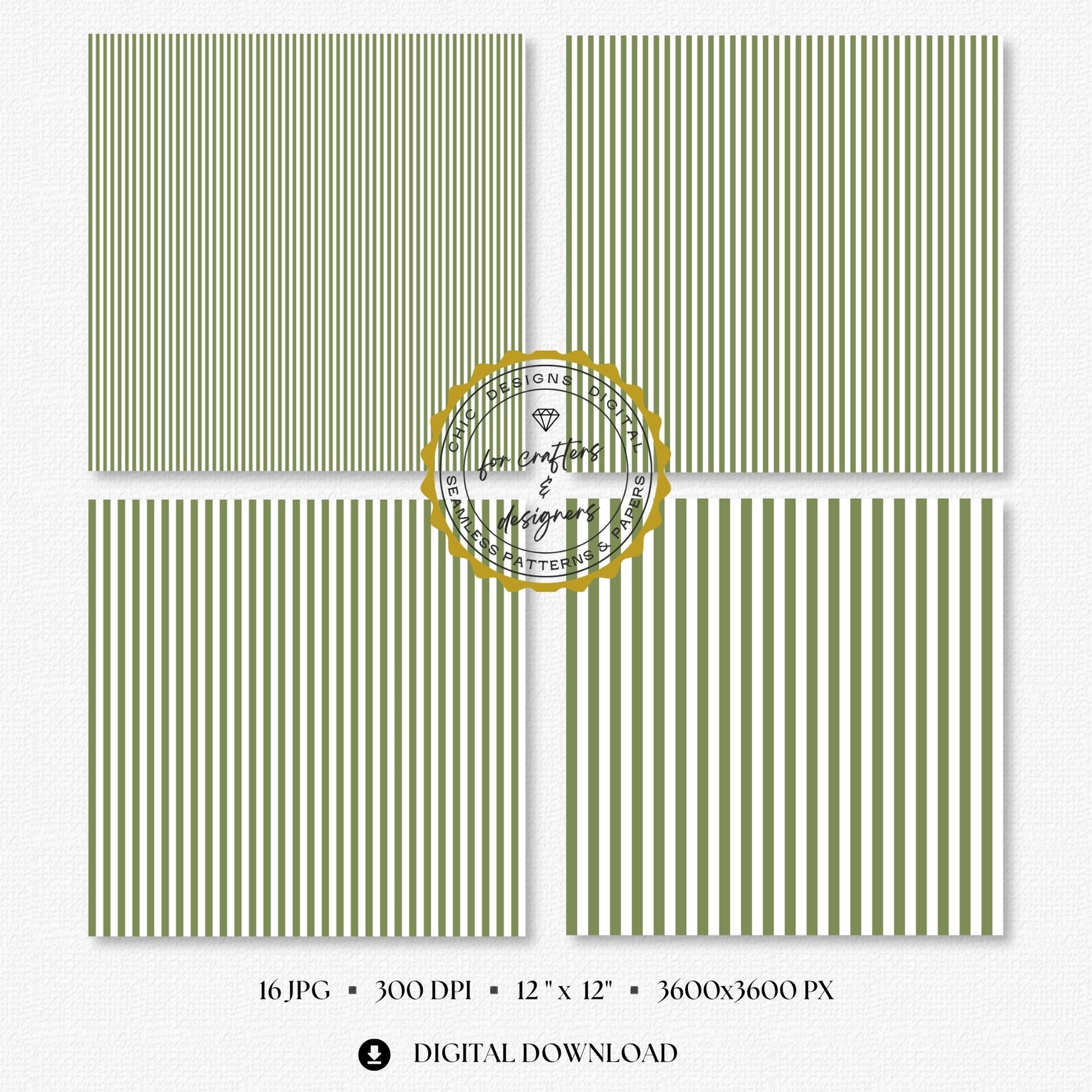Earthy olive green and white fine straight stripe digital papers in narrow and medium repeating widths.