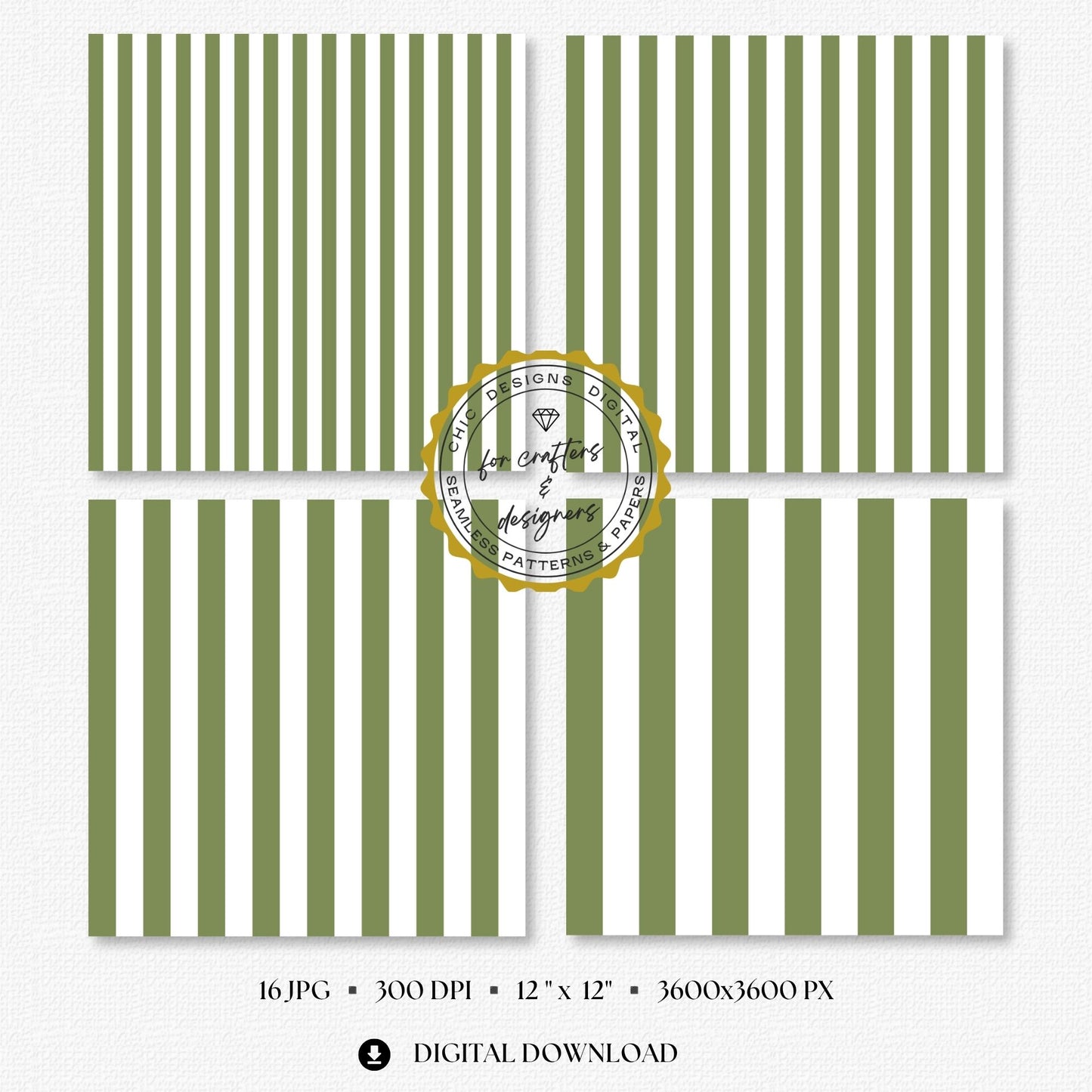 Earthy olive green and white bold straight stripe digital papers with wider repeating bands.