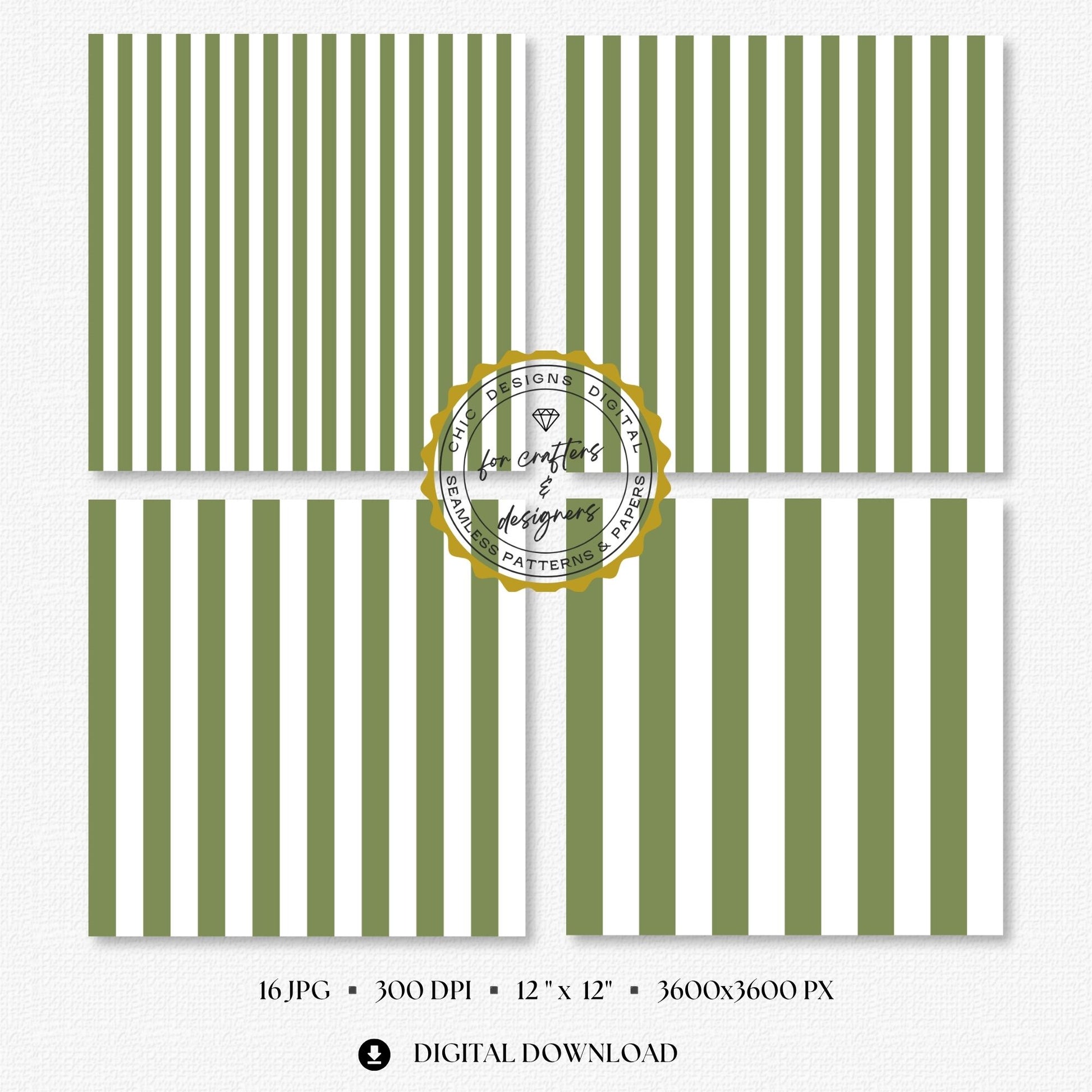 Earthy olive green and white bold straight stripe digital papers with wider repeating bands.