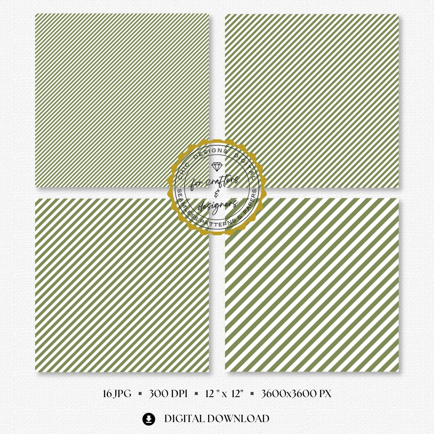 Earthy olive green and white fine diagonal stripe digital papers in narrow and medium angled widths.