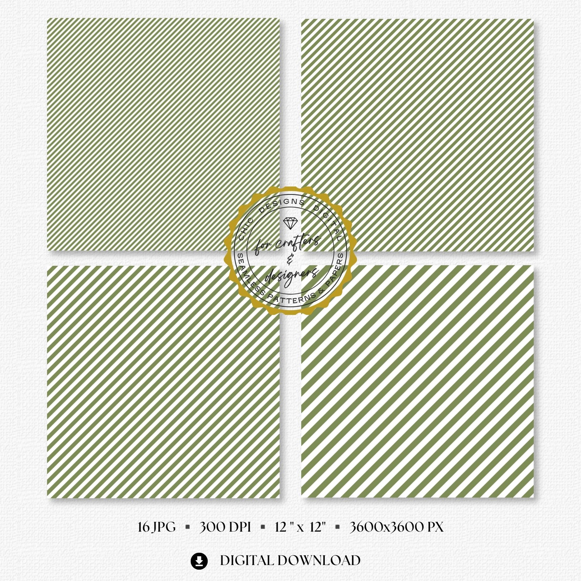Earthy olive green and white fine diagonal stripe digital papers in narrow and medium angled widths.