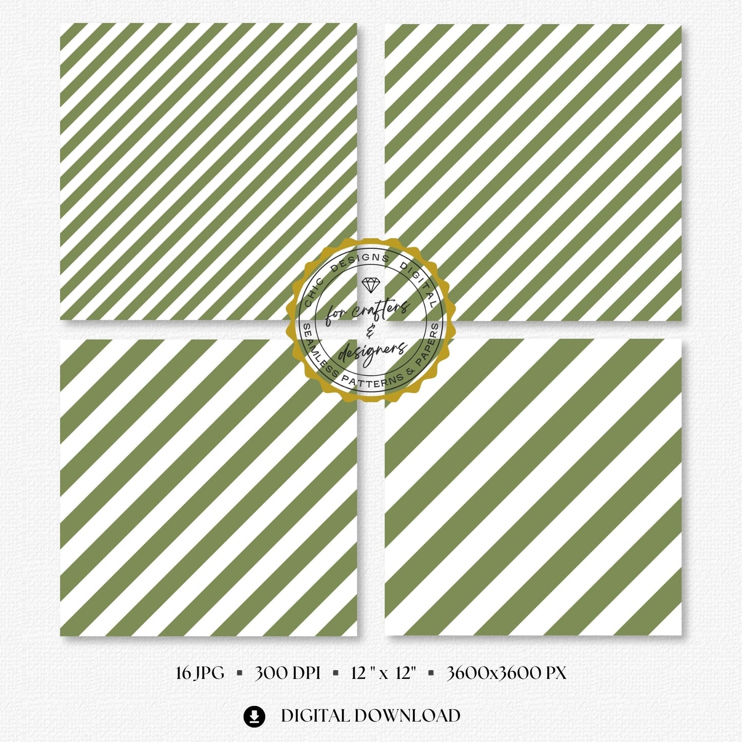 Earthy olive green and white bold diagonal stripe digital papers with wider angled bands.