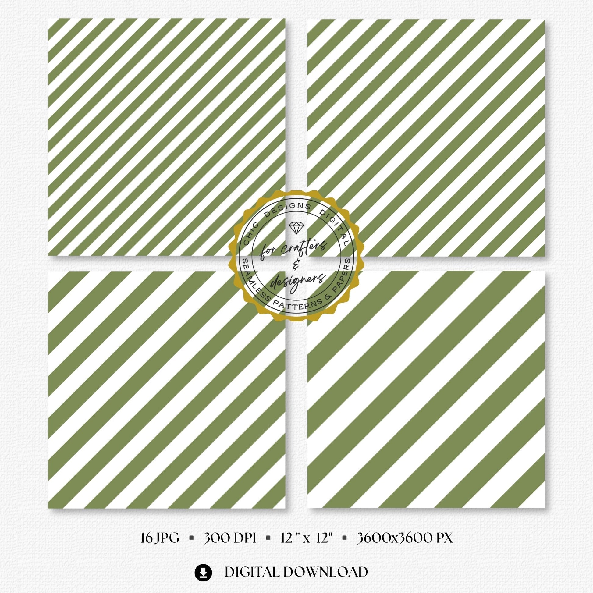 Earthy olive green and white bold diagonal stripe digital papers with wider angled bands.
