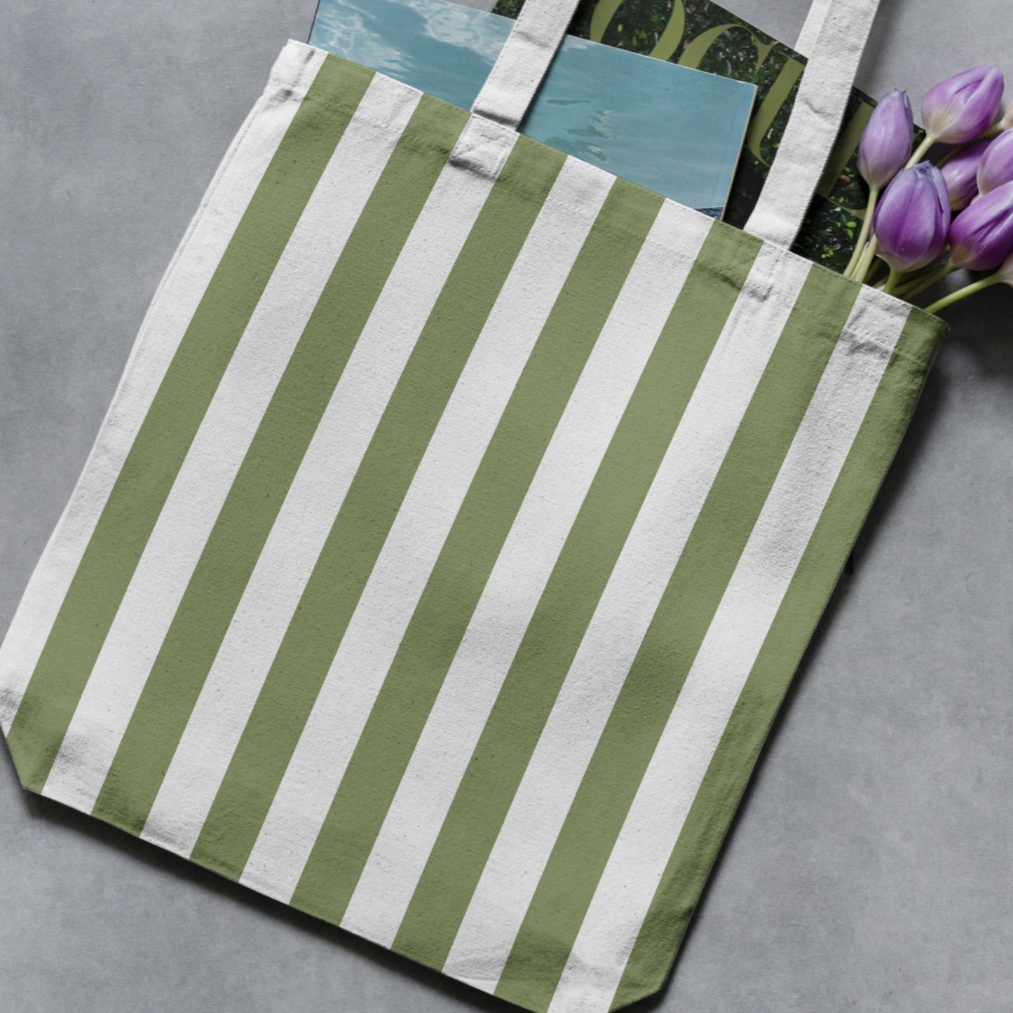 Olive and white striped tote bag as a craft-use example for the seamless stripe paper pack.