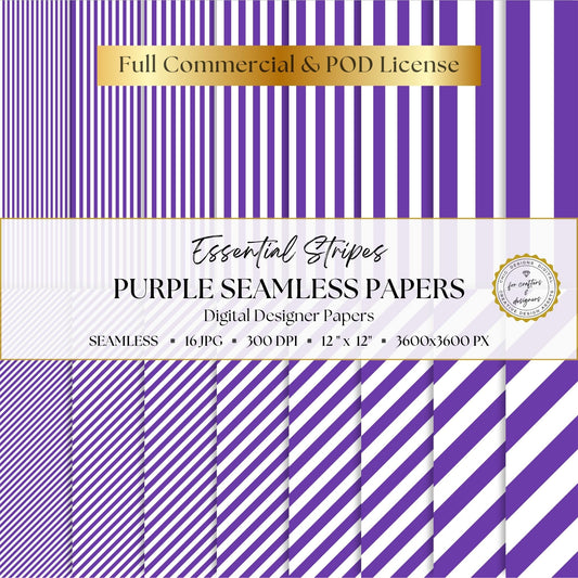 Purple and white Essential Stripes digital paper pack with 16 seamless straight and diagonal stripe patterns, 12 x 12 inch 300 DPI JPG files.