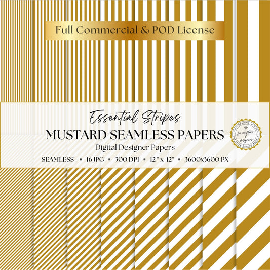 Mustard and white Essential Stripes digital paper pack with 16 seamless straight and diagonal stripe patterns, 12 x 12 inch 300 DPI JPG files.